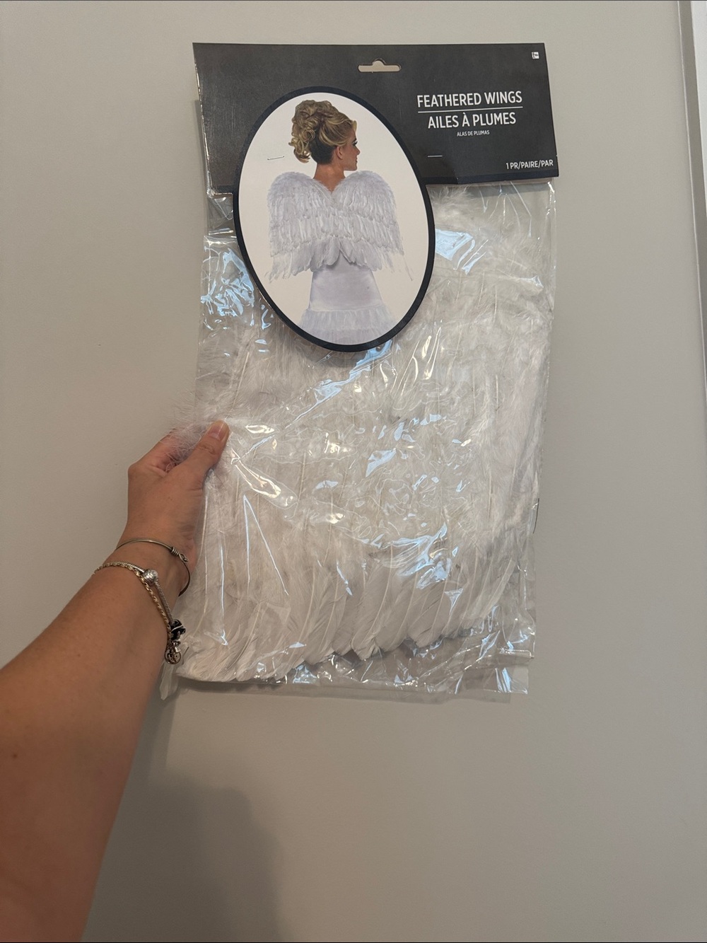 White feathered angel wings. Never used but side of bag is split open
